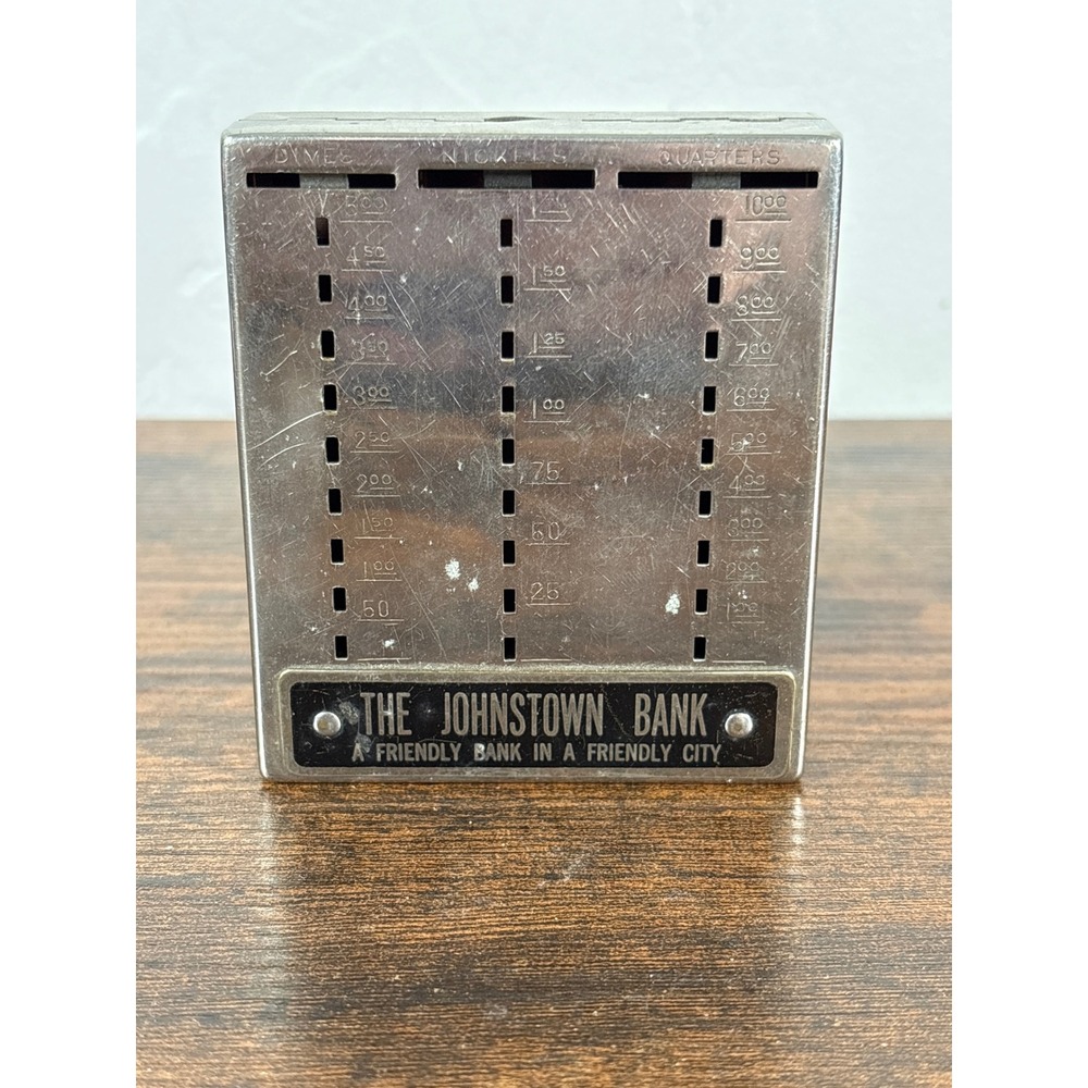 Vintage The Johnstown Bank Metal Coin Bank Thrift Pays Dividends Silver Storage
